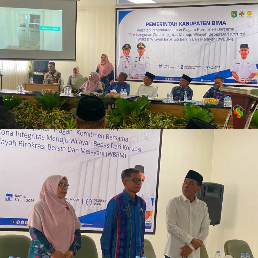 Pencanangan wilayah bebas korupsi (WBK) dan wilayah birokrasi bersih dan melayani (WBBM)  di buka oleh Bupati Bima, dan dihadiri oleh Inspektur, kepala Bappeda, kadikes serta  manajemen dan staf RSUD Bima, td pagi di aula RSUD Bima.